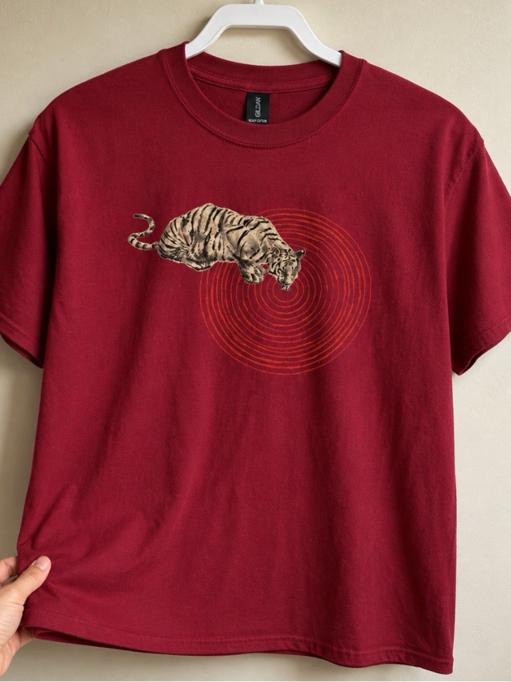Gildan Burgundy Tee with Tiger Graphic and Concentric Rings